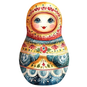 May include: A traditional Russian nesting doll, also known as a matryoshka doll, painted in vibrant colors with intricate floral patterns. The doll is made of wood and has a round shape with a smiling face.
