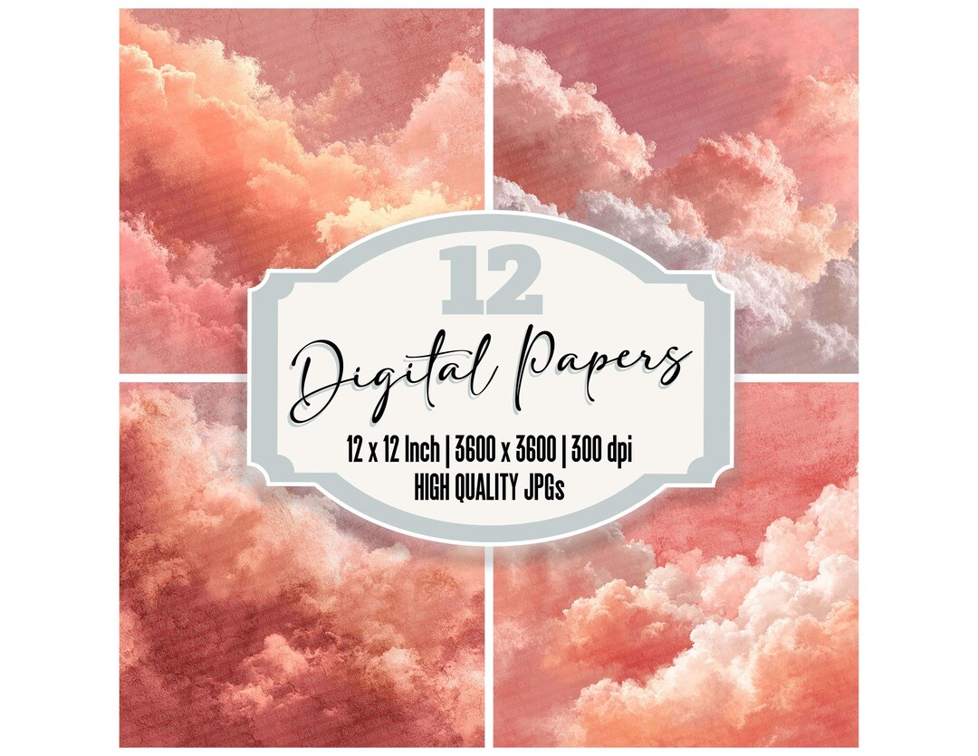 12x Pastel Peach Mist Cloud Digital Papers | Soft Abstract Skies, Pink ...