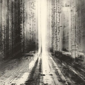 Peut inclure: Impression num&eacute;rique abstraite en niveaux de gris. L'image repr&eacute;sente une perspective d'un flux de donn&eacute;es avec un code binaire en cascade. Une source de lumi&egrave;re verticale et brillante est au centre, cr&eacute;ant une sensation de profondeur et de mouvement. Le texte "DIGITAL DESIGN" est visible.