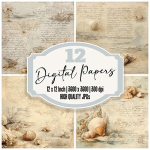 May include: A collage of four digital papers with a vintage beach theme. Each paper features a sandy beach scene with seashells and handwritten script. The image includes the text "12 Digital Papers" and specifications for size and resolution.