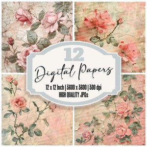12x Vintage Rose Junk Journal Paper, Shabby Chic Floral Roses Digital Paper Pack, Distressed Backgrounds, High Quality JPGs, Scrapbook Paper