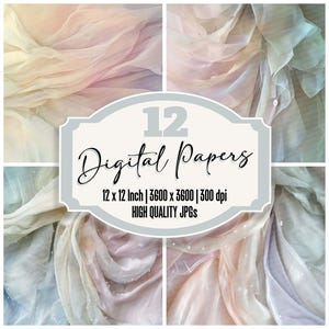 Könnte beinhalten: Zwölf digitale Papiere mit einem weichen, fließenden, pastellfarbenen Stoff mit einem subtilen Schimmer. Die Papiere sind 30,48 cm x 30,48 cm groß und haben eine Auflösung von 300 dpi.
