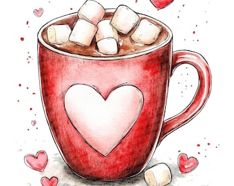 May include: A red mug with a heart design and a white rim, filled with hot chocolate and topped with marshmallows.  There are small red hearts scattered around the mug.