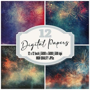 12 x vuurwerkafval dagboekpapier, feestelijk digitaal papierpakket, textuur nachtelijke hemelviering, hoge kwaliteit jpg's, scrapbookpapier downloaden