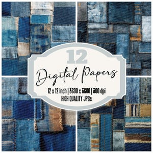 Paquete de 12 papeles digitales Boro Stitch Junk Journal con textura de grano textil, patchwork índigo, archivos JPG de alta calidad, descarga