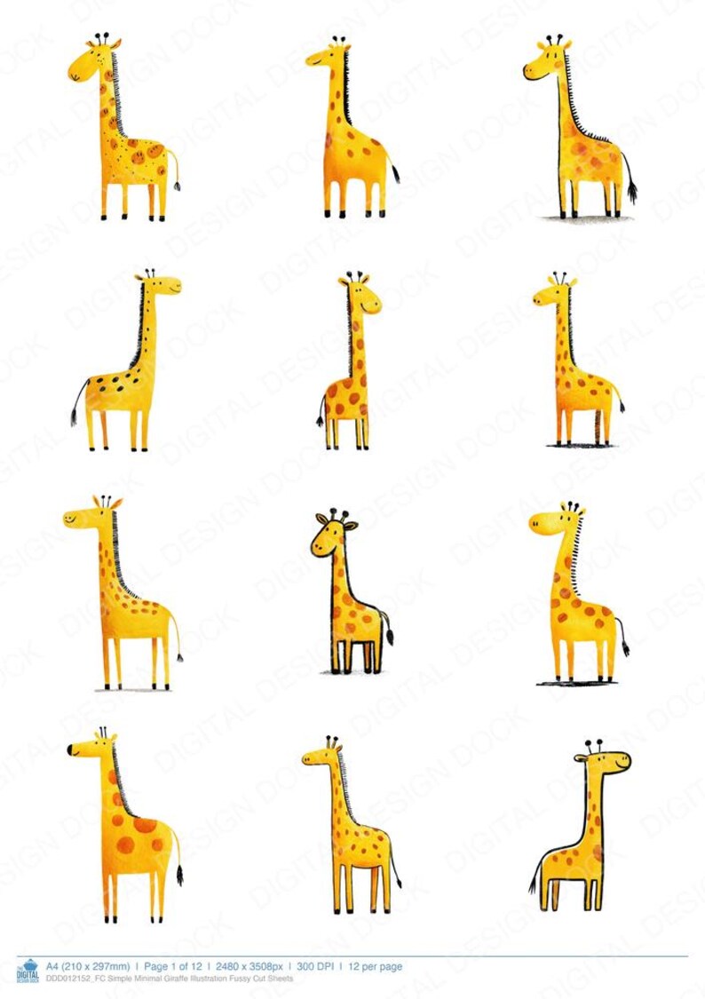 Simple Minimal Giraffe Illustration Fussy Cut Sheets, 12x Printable ...