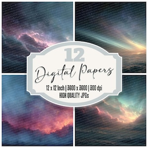 Paquete de 12 papeles digitales para diario basura Cosmic Mist, textura de grano de niebla aurora, archivos JPG de alta calidad, fondos de planetas, álbum de recortes, descarga