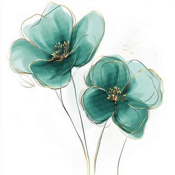 12枚の緑の花のクリップアート、エメラルドグリーンの水彩画の花の