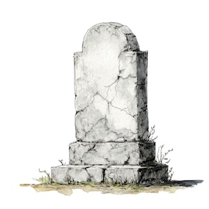 Op de afbeelding: Waterverfillustratie van een verweerde, grijze grafsteen. De grafsteen heeft een afgeronde bovenkant en is gebarsten, met een voet en wat gras en kleine planten aan de onderkant. Het kunstwerk is in zwart-wit.