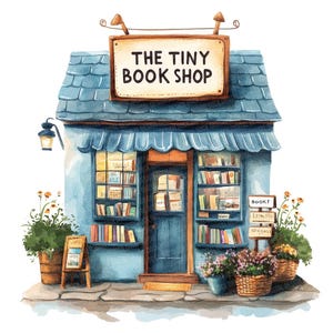 Tiny Bookshop PNG Clipart, 12x Watercolor Bookstore Clip Art Set, Printable Vintage Storefront Art, Paper Crafts, Digital Download, Journals
