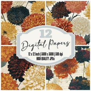 Puede incluir: Un conjunto de 12 papeles digitales con patrones florales de crisantemos en tonos azul oscuro, naranja y crema sobre un fondo de escritura. La etiqueta central dice 12 Digital Papers, 12 x 12 Inch, 3600 x 3600, 300 dpi, HIGH QUALITY JPGs.