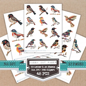 May include: A collection of paper sheets featuring colorful bird illustrations. Each bird is perched on a branch, showcasing a variety of patterns and colors. The text on the image reads "Fussy Cut Pages" and "US Letter & A4 Sheets Inc. JPG + PNG Clipart 48 PCS".