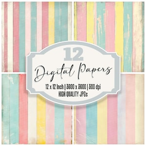 12 Soft Striped Digital Paper, Junk Journal Paper Pack, Pastel Retro Patterns, Distressed Vintage Texture, Scrapbook Backgrounds,Printables