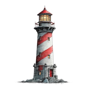 Könnte beinhalten: Detaillierte Illustration eines Leuchtturms mit roten und weißen diagonalen Streifen. Der Leuchtturm hat ein rotes Dach und ein Licht, das von oben scheint. Der Sockel besteht aus Stein und der Leuchtturm steht auf einem felsigen Fundament.