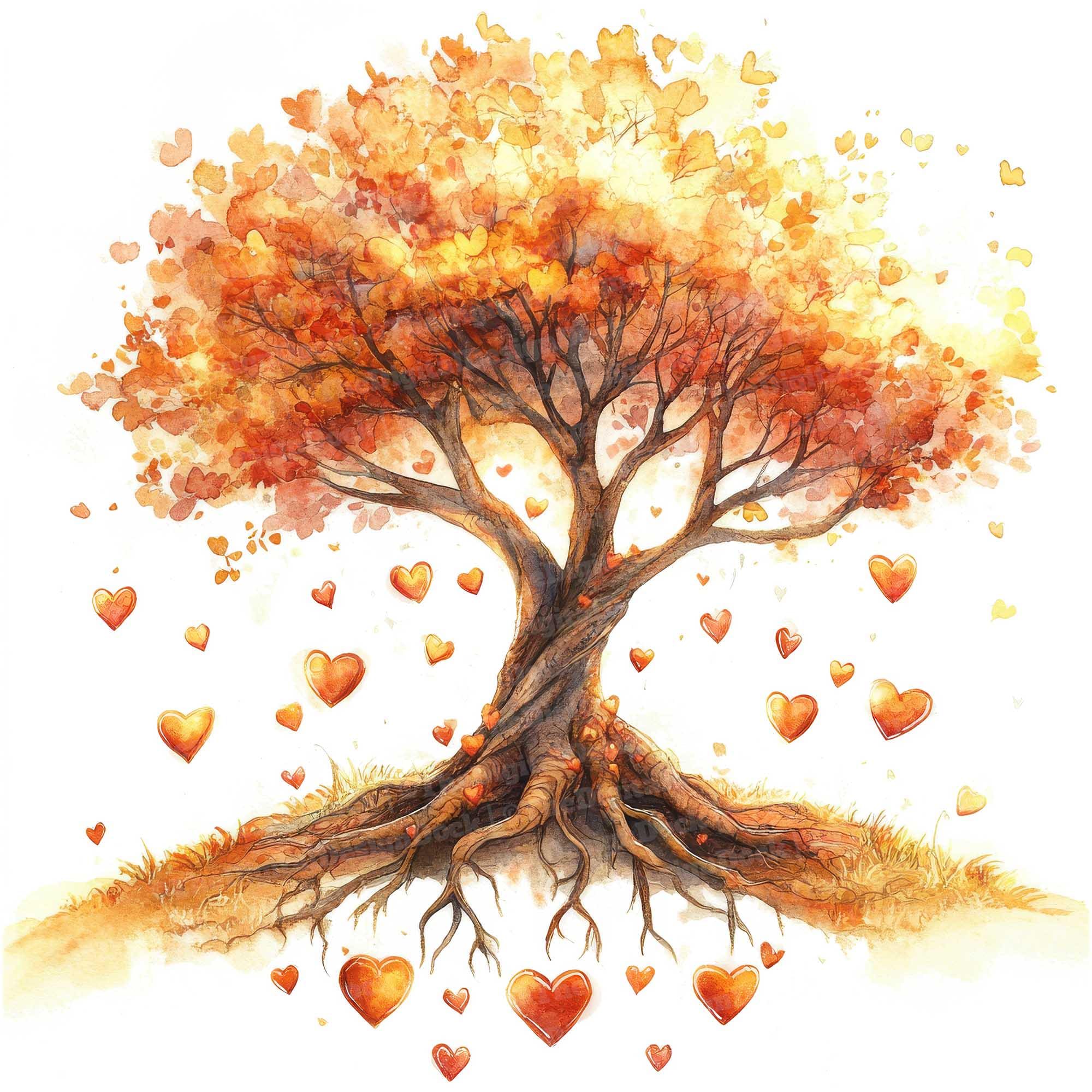Fall Tree Heart Vector 12 Heart Tree Clipart, Watercolor Autumn Tree With Falling Hearts ...