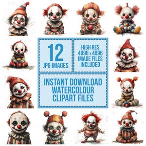 Clipart de Payaso Lindo, 12 JPG de Alta Calidad, Acuarela de Circo JPG, Descarga Digital, Diario de Basura, Set de Clipart, Papeles Digitales, Payaso Aterrador