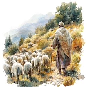 Script Shepherd 12 Shepherd and Sheep Watercolor Clipart, Pastoral Scene Art, Printable ...