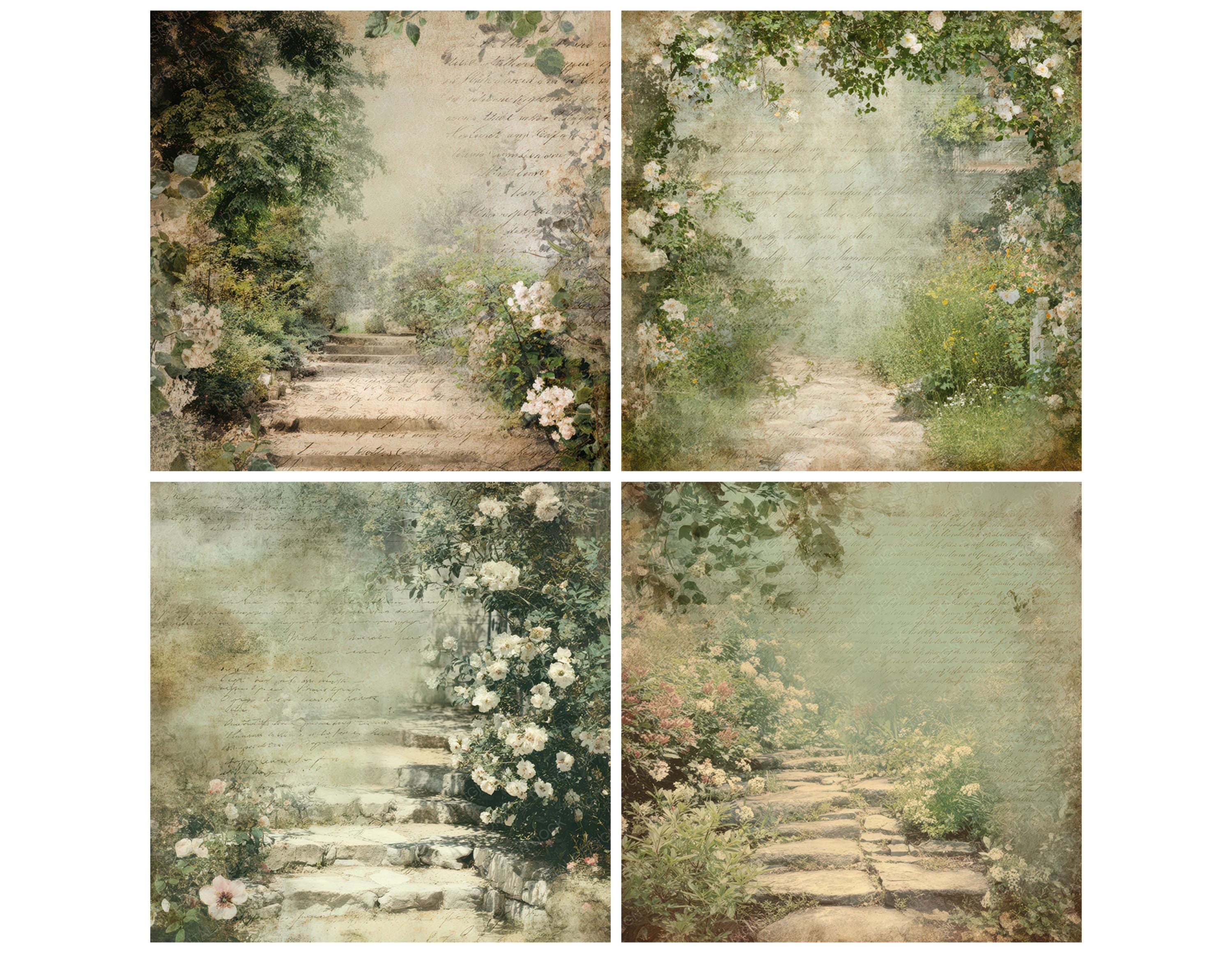 12x Vintage Garden Path Junk Journal Paper Floral Landscape Script ...