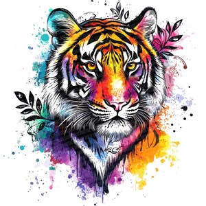 May include: A vibrant watercolor illustration of a tiger's face. The tiger's fur is a mix of orange, yellow, and purple hues, with black stripes. Splashes of blue, green, and pink surround the tiger, and leafy sprigs are on the sides.