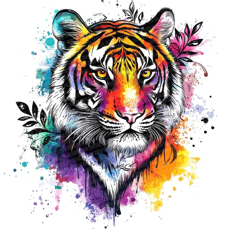 May include: A vibrant watercolor illustration of a tiger's face. The tiger's fur is a mix of orange, yellow, and purple hues, with black stripes. Splashes of blue, green, and pink surround the tiger, and leafy sprigs are on the sides.