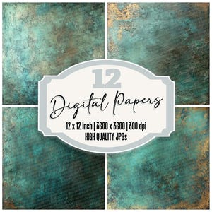 12 Aged Brass Digital Paper, Junk Journal Paper Pack, Weathered Patina & Oxidized Metal Texture, Distressed Scrapbook Backgrounds, Printable