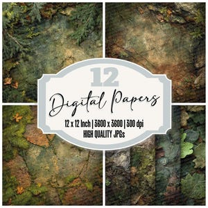 May include: A collection of 12 digital papers with a nature theme. The papers feature textures of stone, moss, and foliage in shades of green, brown, and gray. The image includes the text "12 Digital Papers" and dimensions of 12 x 12 inches.