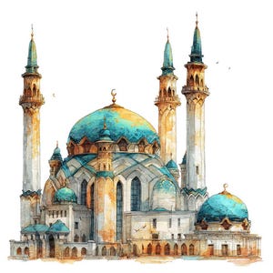 Puede incluir: Ilustración en acuarela de una mezquita con múltiples minaretes y cúpulas. La mezquita presenta una combinación de colores turquesa y dorado, con intrincados detalles arquitectónicos. La imagen está sobre un fondo blanco.