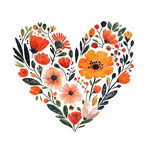 Puede incluir: Una pintura de acuarela de una forma de coraz&oacute;n hecha de flores naranja, roja y amarilla con hojas y tallos verdes.