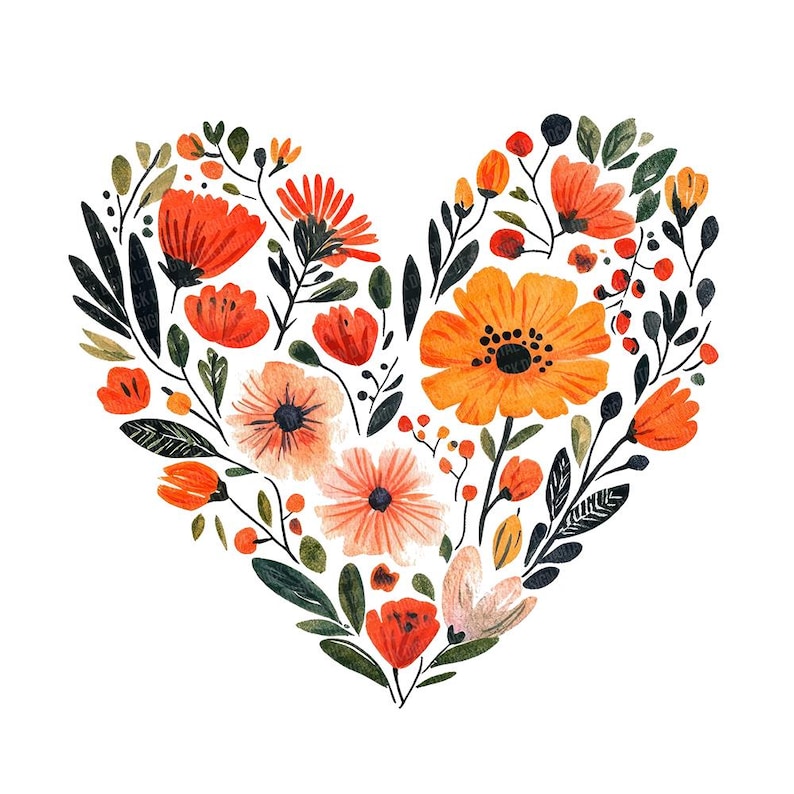 Puede incluir: Una pintura de acuarela de una forma de coraz&oacute;n hecha de flores naranja, roja y amarilla con hojas y tallos verdes.
