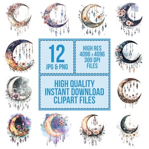 May include: Twelve watercolor illustrations of crescent moons with floral details and dangling crystals. The moons are in various shades of blue, purple, and pink. The illustrations are perfect for digital scrapbooking, card making, and other creative projects.