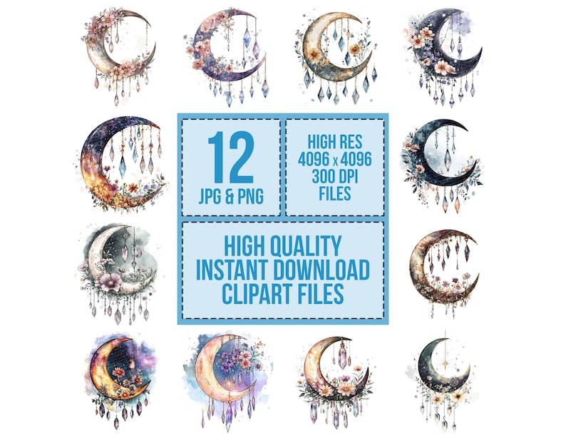 May include: Twelve watercolor illustrations of crescent moons with floral details and dangling crystals. The moons are in various shades of blue, purple, and pink. The illustrations are perfect for digital scrapbooking, card making, and other creative projects.