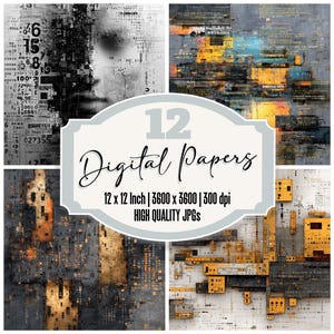 May include: A collection of 12 digital papers with abstract designs in shades of gray, black, and gold. The papers are 12 x 12 inches and 3600 x 3600 pixels, with a resolution of 300 dpi. The image includes the text "12 Digital Papers".