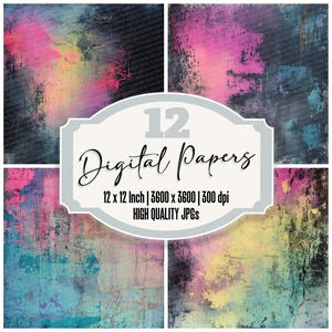 12x Neon Grunge Junk Journal Paper, Abstract Distressed Texture, Digital Paper Pack, High Quality JPGs, Urban Mixed Media Backgrounds Paper