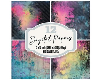 Könnte beinhalten: Zwölf digitale Papiere mit abstrakten, strukturierten und farbenfrohen Designs. Jedes Papier ist 12 Zoll mal 12 Zoll groß und hat eine Auflösung von 3600 Pixel mal 3600 Pixel bei 300 dpi. Hochwertige JPGs.