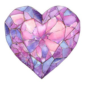 May include: Watercolor illustration of a heart-shaped gemstone. The gem features a mosaic design with shades of pink, purple, and blue, outlined with gold. The artwork is set against a clean white background, highlighting the gem's vibrant colors.
