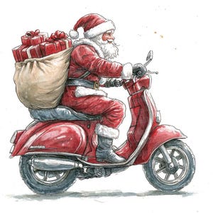 Clip Art di Babbo Natale in moto, 12x set di clipart di Babbo Natale in moto, clip art di Natale ad acquerello, download digitale, diario spazzatura, artigianato di carta