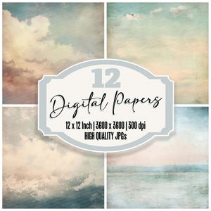 12 Dreamy Sky Digital Paper, Soft Cloud Junk Journal Paper Pack, Pastel Vintage Backgrounds, Weathered Texture, Printable Scrapbook Paper