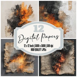May include: Four digital paper designs with a vintage aesthetic. Each square image features a distressed paper background with fiery orange and black watercolor effects. The text on the label reads "12 Digital Papers, 12 x 12 Inch, High Quality JPGs."