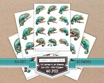Watercolour Chameleon Fussy Cut Sheets, 12x Printable Pages, Reptile Cut Outs, Junk Journal Ephemera, Card Making, Digital Download