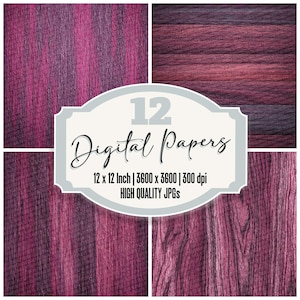 Paquete de 12 papeles digitales Purpleheart Junk Journal con textura de madera mate de alta calidad, fondos imprimibles para álbumes de recortes.