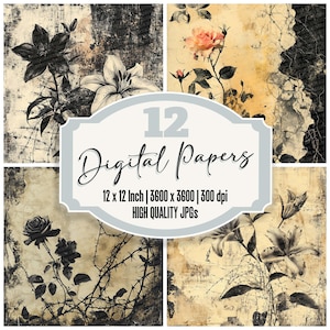 Puede incluir: Conjunto de 12 papeles digitales con diseños florales vintage en blanco y negro sobre un fondo desgastado. Los papeles miden 30,5 x 30,5 cm y 300 dpi.