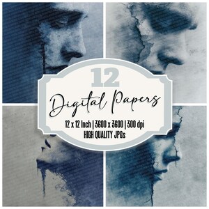 Paquete de 12 papeles digitales con textura agrietada y retratos tristes, en tonos azules, de alta calidad, para álbumes de recortes, descargas en formato JPG.