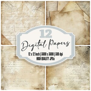 12x Vintage Letter Junk Journal Paper, Aged Handwritten Script Digital Paper Pack, Distressed Parchment Texture, Scrapbook Backgrounds