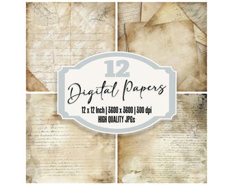 12x Vintage Letter Junk Journal Paper, Aged Handwritten Script Digital Paper Pack, Distressed Parchment Texture, Scrapbook Backgrounds