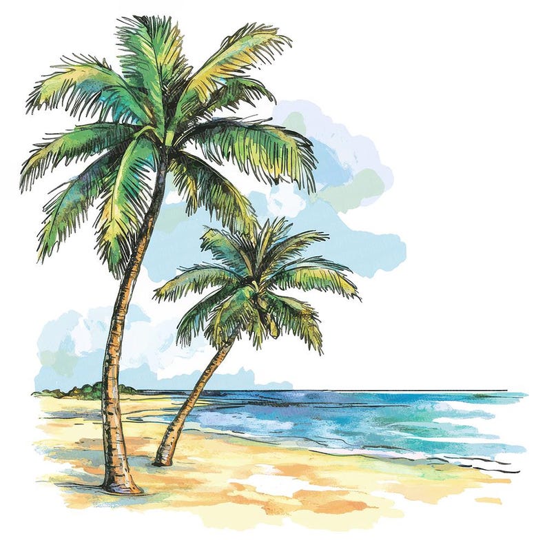 12x Palm Tree Beach PNG Clipart, Watercolor Ocean Clip Art Set ...