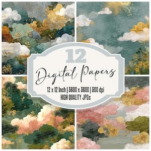 Paquete de 12 papeles digitales de estilo Rinpa con texturas botánicas fluidas, archivos JPG de alta calidad, papel para álbumes de recortes y diarios basura con hojas doradas.