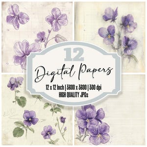 12x Violet Flower Junk Journal Paper Botanical Digital Paper Pack Wysokiej jakości pliki JPG Zniszczona tekstura Papier do scrapbookingu Cyfrowe pobieranie