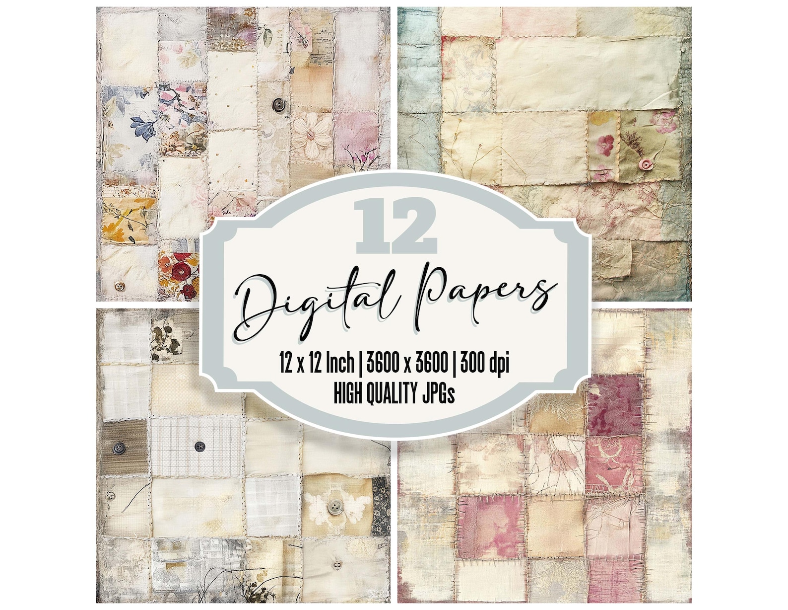 12x Vintage Patchwork Junk Journal Paper, Shabby Chic Digital Paper ...