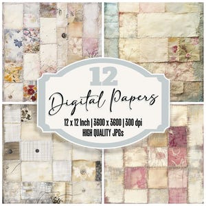 May include: Twelve digital papers with a patchwork design in shades of beige, pink, and brown. The papers are 12 inches by 12 inches and 3600 pixels by 3600 pixels at 300 dpi.  The text "12 Digital Papers" and "12 x 12 Inch | 3600 x 3600 | 300 dpi HIGH QUALITY JPGS" is included in the image.