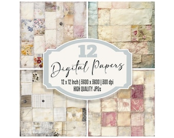 12x Vintage Patchwork Junk Journal Paper, Shabby Chic Digital Paper Pack, Floral Fabric Textures, Scrapbook Backgrounds, Digital Download